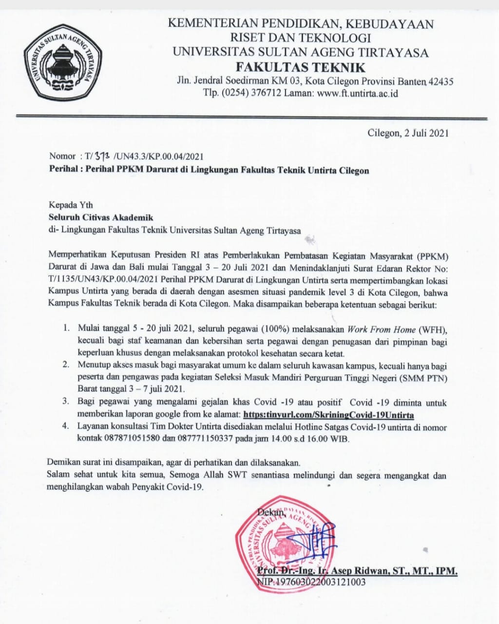 SURAT EDARAN DEKAN FAKULTAS TEKNIK UNTIRTA