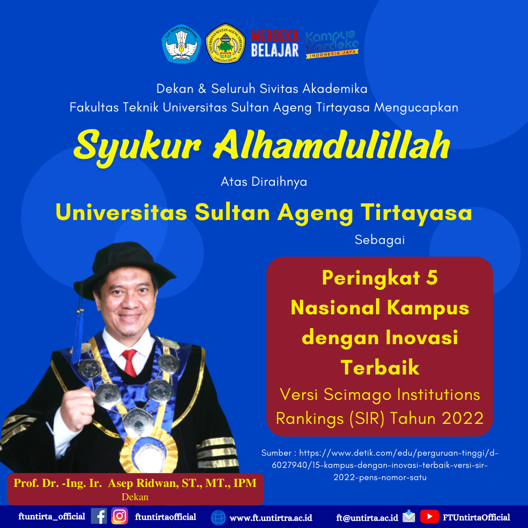 Syukur Alhamdulillah Atas Diraihnya Universitas Sultan Ageng Tirtayasa sebagai Peringkat 5 Nasional Kampus dengan Inovasi Terbaik versi Scimago Institutions Rankings (SIR) Tahun 2022