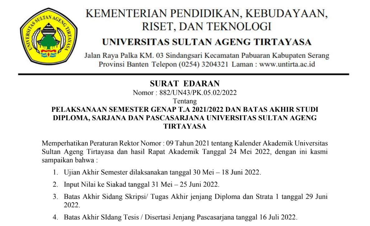 Surat Edaran Pelaksanaan Semester Genap T.A 2021/2022 dan Batas Akhir Studi Diploma, Sarjana dan Pascasarjana UNTIRTA