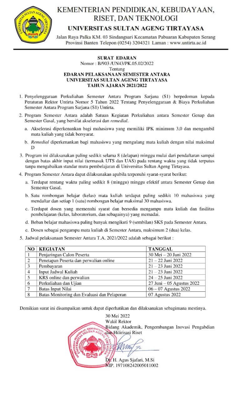 EDARAN PELAKSANAAN SEMESTER ANTARA UNTIRTA TAHUN AJARAN 2021/2022