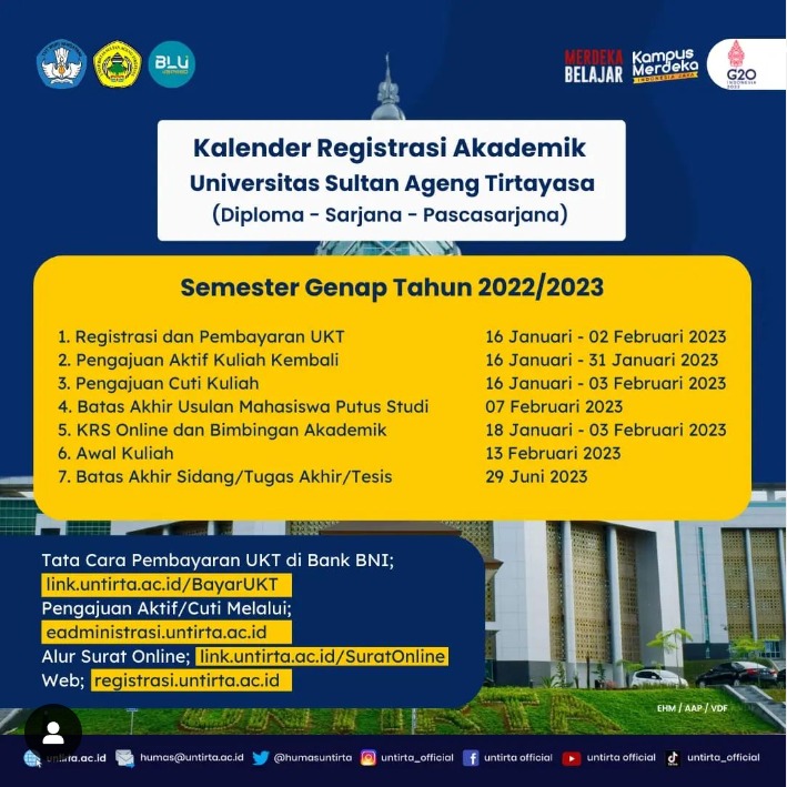 Kalender Registrasi Akademik Universitas Sultan Ageng Tirtayasa Semester Genap tahun 2022-2023